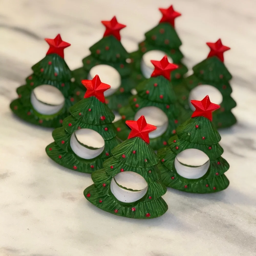 Festive Set of 8 Hand Painted Green Christmas Tree Napkin Rings with Red Stars